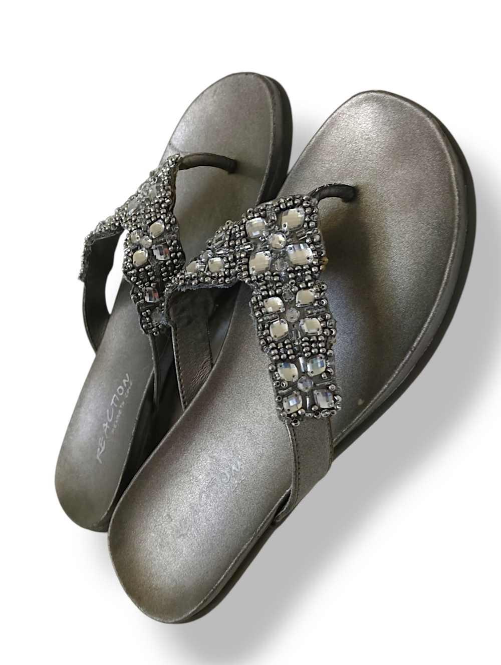 Kenneth Cole Reaction Gunmetal Beaded T-strap Sandals